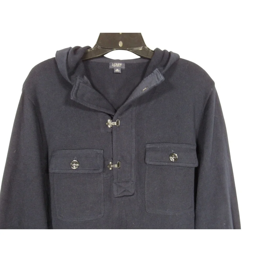 J. CREW Men's NAVY BLUE Pockets HOOK & EYE Hooded SAILING Knit Sweater Sz M